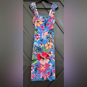 Sugarlips Ruffle Midi Dress in Inez Blue-Pink Multi, Size Small